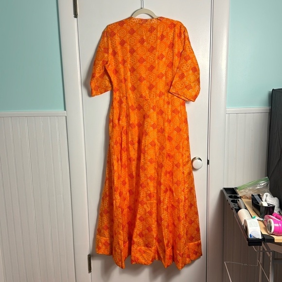 Kalki Russet Orange Indo-Western Dress With Bandhani Print In Kota Silk India - Picture 7 of 12